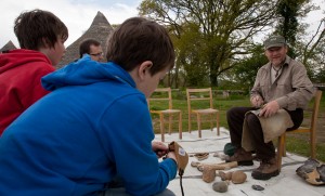 Early-bird workshoppers, eager to get cracking on some hide scrapers